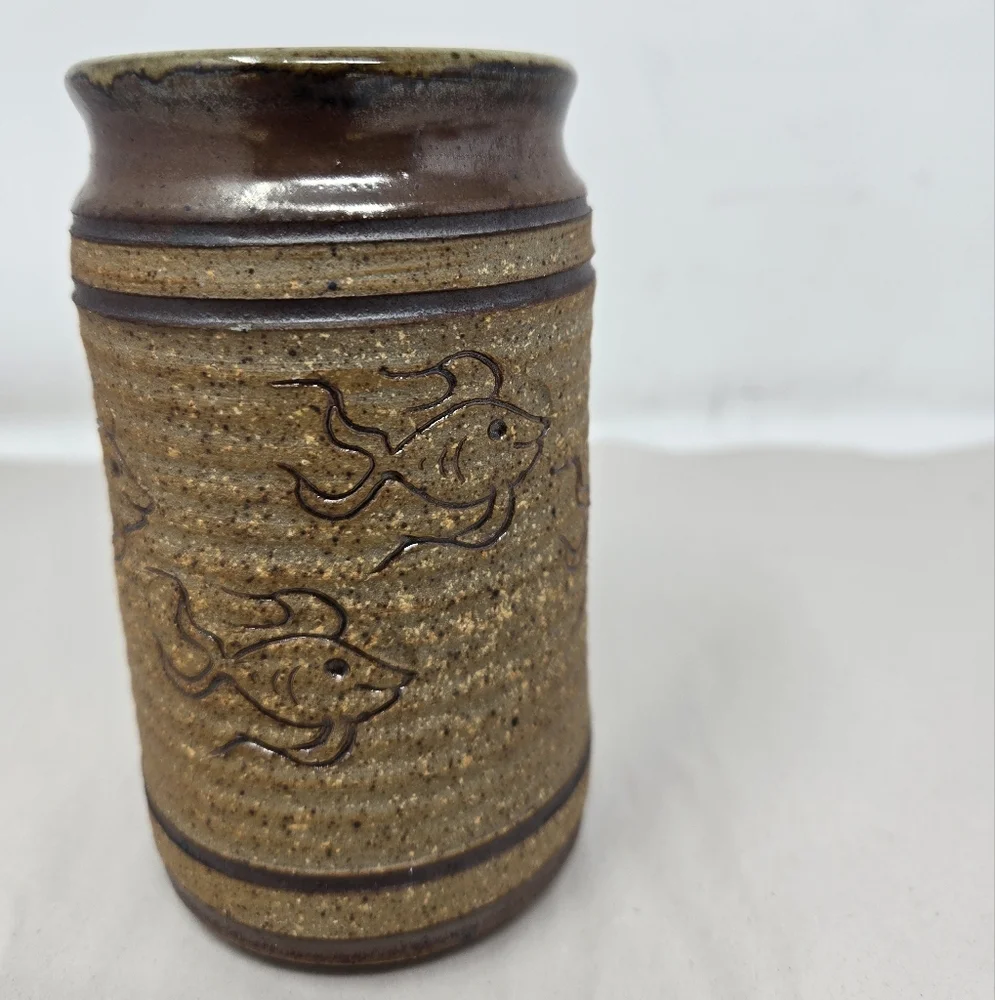 Barnes Studio Pottery Vase or Glass Swimming Fish Rustic Exterior Handmade Signd